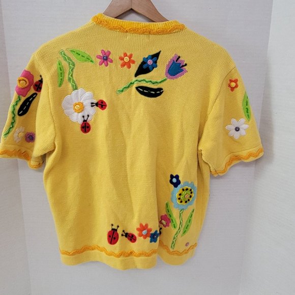 Berek by Takako Sakon Vintage Knit Yellow Crochet Garden Lady Bug Flower Top L - Picture 6 of 16